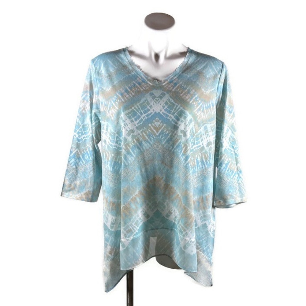 Chico's Chevron Tie Dye Tunic Top Sharkbite Semi Sheer Chiffon Blue White 2 US L